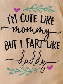 Baby Girl Summer Casual Slogan Heart Printed Bodysuit - Khaki - View 3