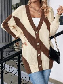 SHEIN Essnce Áo len trễ vai hai tông màu - Màu be - Xem 3
