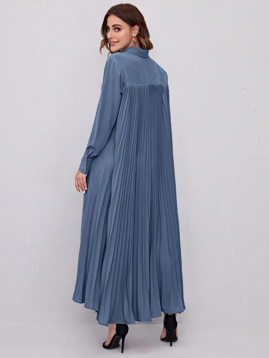 Seusyu Solid Pleated Back Shirt Dress - Dark Wash - View 1