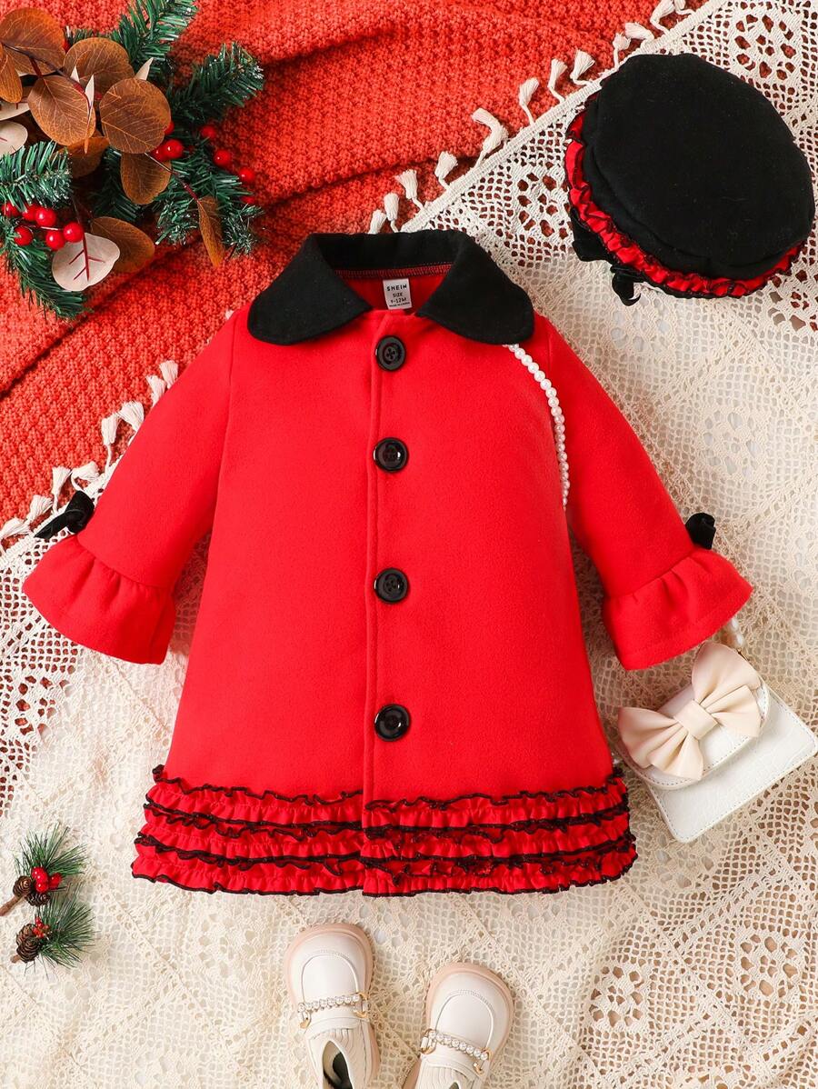 女嬰拼接領荷葉袖荷葉邊花呢外套和帽 - 紅色 - 查看 1