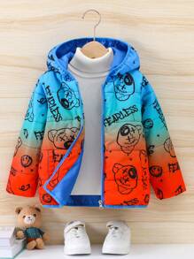 Young Boy Bear Print Zip Up Hooded Padded Coat Without Sweater - Multicolor - View 1