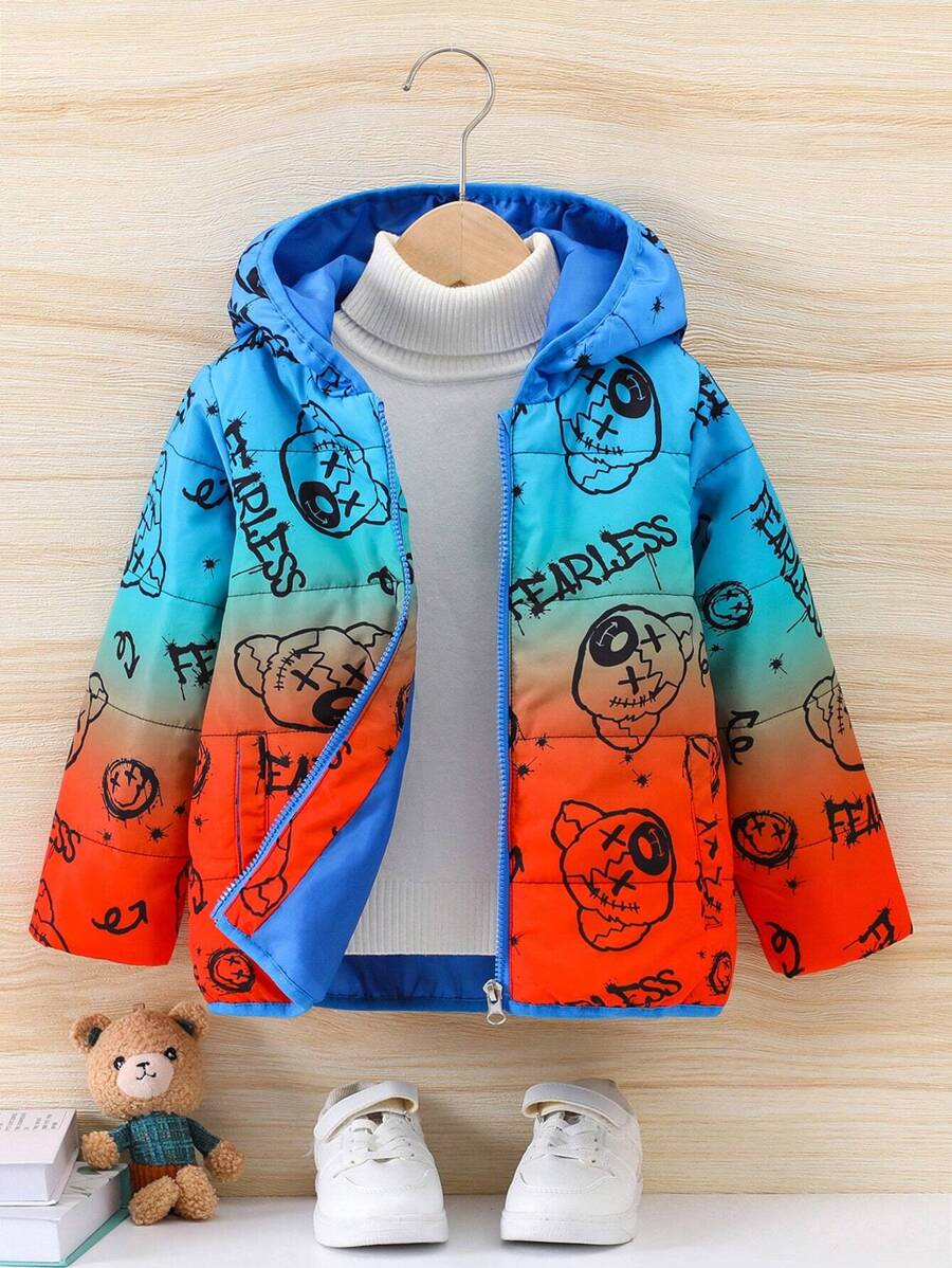Young Boy Bear Print Zip Up Hooded Padded Coat Without Sweater - Multicolor - View 1