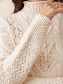 SHEIN Frenchy Solid Cable Knit Sweater Winter Casual - Apricot - View 4