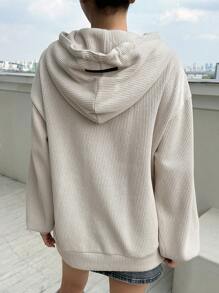 DAZY 标语图案大口袋落肩抽绳连帽衫，秋季女装运动衫 - 杏色 - 查看 6