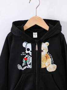 SHEIN Jonge jongen beer en slogan grafische hoodie met rits