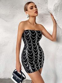 SHEIN Privé Sequin Decor Tube Bodycon Dress - Black - View 6