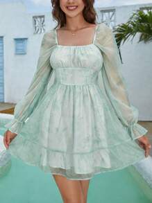 Soleia Floral Jacquard Square Neck Flare Sleeve Ruffle Hem Dress - Mint Green - View 5