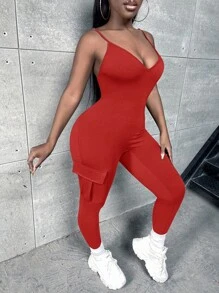 Slaydiva Solid Flap Pocket Cami Unitard Jumpsuit - Red - View 5
