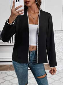 Chiquease Contrast Trim Open Front Blazer - Black - View 3