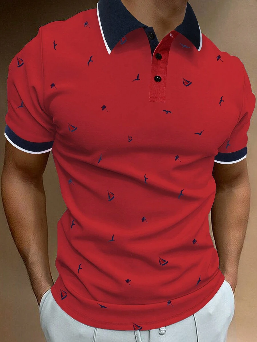 Manfinity Mode Men Bird Print Contrast Trim Polo Shirt - Red - View 1