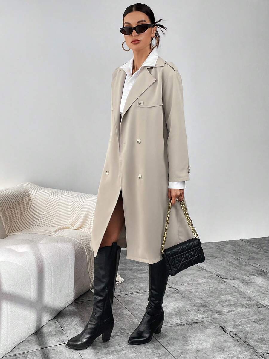 SHEIN X Antonella SHEIN Essnce 西裝領雙排釦落肩袖風衣外套 - 淺灰色 - 查看 1