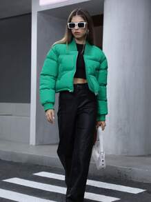SHEIN Unity Solid Zip Up Crop Baseball Collar Padded Padded Coat Clothes Winter - Green - View 3