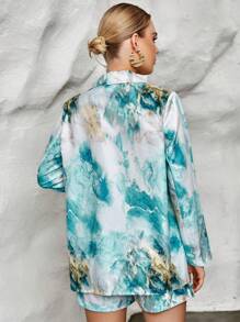 SHEIN Privé Marble Print Lapel Neck Blazer & Shorts - Blue and White - View 3