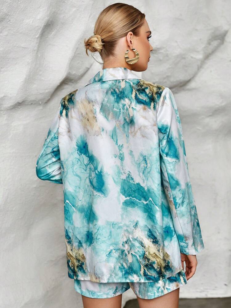 SHEIN Privé Marble Print Lapel Neck Blazer & Shorts - Blue and White - View 3