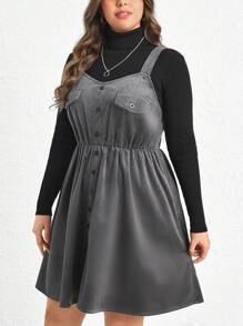 SHEIN LUNE Plus Button Front Corduroy Overall Dress Without Tee