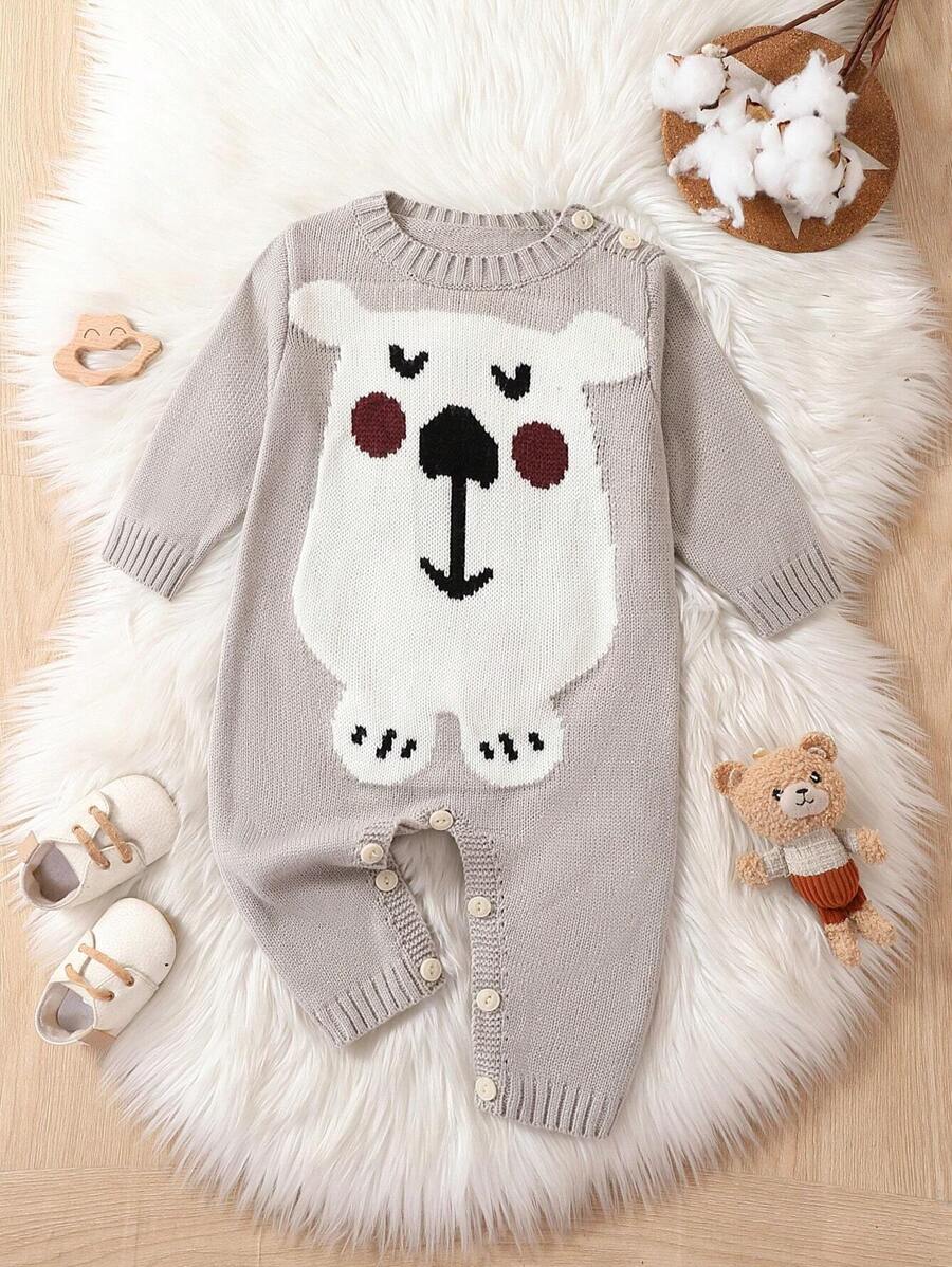 Baby Girl Bear Pattern Knit Jumpsuit - Light Grey - View 1