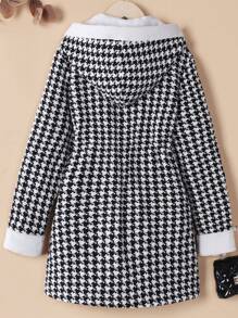 SHEIN Tween Girl Houndstooth Dual Pocket Hooded Overcoat Without Sweater - Black and White - View 2