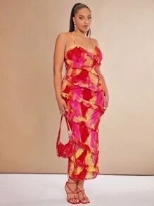 SHEIN BAE Plus Tie Dye Ruffle Trim Cami Dress For Summer - Multicolor - View 3