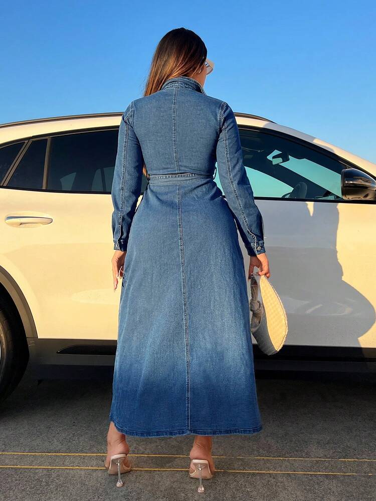 Flap Pocket Split Thigh Belted Denim Dress