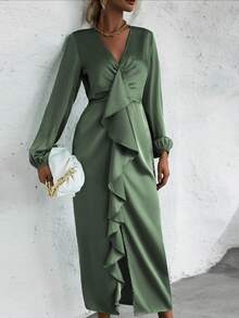 SHEIN Clasi Ruffle Trim Bishop Sleeve Ruched Ruffle Trim Split Thigh Satin Dress - Green - View 4