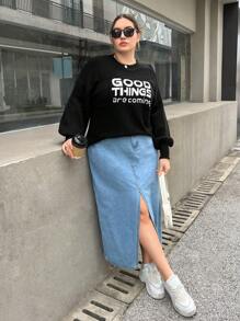 SHEIN Essnce 大碼標語圖案落肩袖套頭毛衣 - 黑與白 - 查看 4