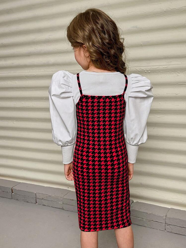 Young Girl Gigot Sleeve Top & Houndstooth Print Cami Dress