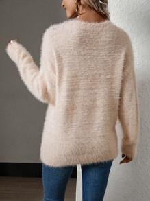 SHEIN LUNE Jersey de punto esponjoso de cuello en V sólido, parte superior de manga larga de jersey de punto, jersey de punto de otoño e invierno - Albaricoque - Ver 2