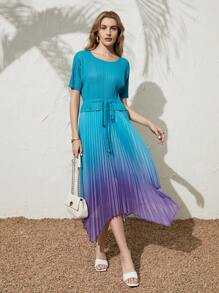 Anewsta Ombre Pleated Hem Belted Dress