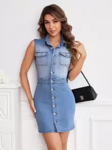 SHEIN Privé Flap Pocket Button Front Denim Dress - Light Wash - View 1