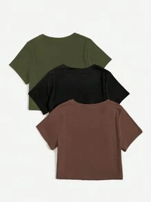 Calvaya Plus 3 件纯色圆领 T 恤，女式上衣，夏季 - 彩色 - 查看 2