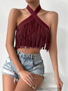 Allurite 流蘇邊十字交叉後背繫帶繞頸短上衣 - 酒紅色 - 查看 4