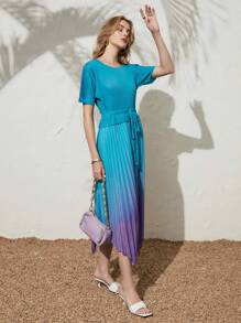 Anewsta Ombre Pleated Hem Belted Dress