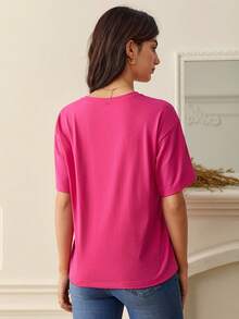 SHEIN Frenchy Embroidery Letter Pattern Drop Shoulder Tee - Hot Pink - View 2