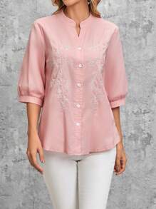 EMERY ROSE Thêu hoa Nút phía trước Áo sơ mi - Màu Hồng Tươi - Xem 3
