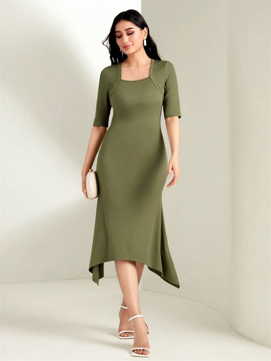 Modelyn 素色不對稱下擺洋裝 - 軍綠色 - 查看 1