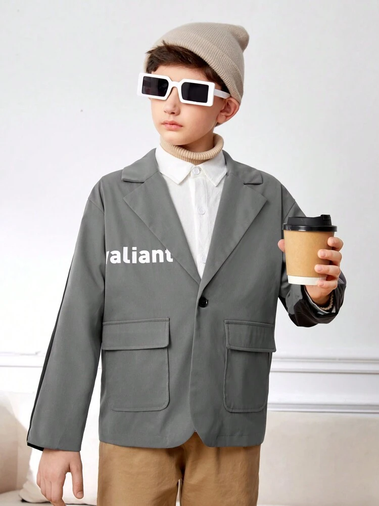 Tween Boy Letter Graphic Flap Pocket Single Button Jacket