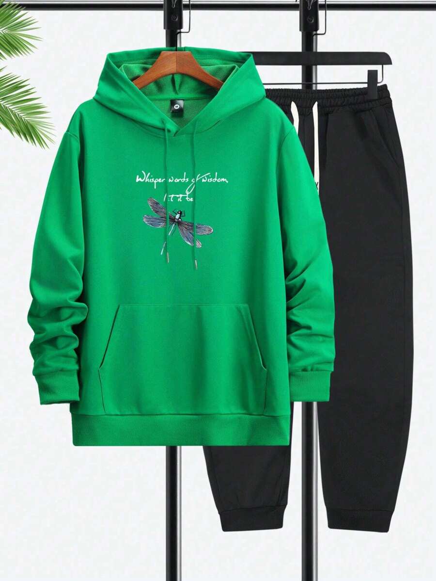 Men Slogan Graphic Kangaroo Pocket Drawstring Hoodie & Sweatpants - Green - View 1
