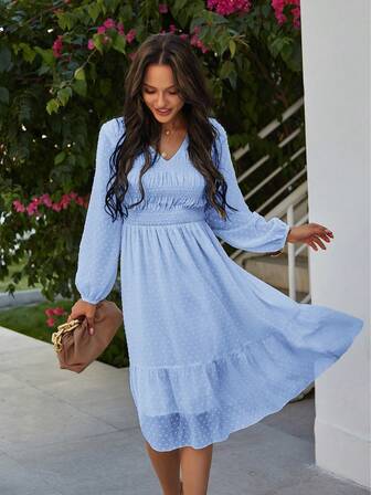 SHEIN Privé 圓點燈籠袖荷葉邊洋裝