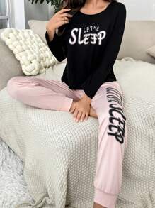 Letter Graphic Tee & Drawstring Waist Sweatpants PJ Set / Pajama Set Sleep Wear Womensleep Wear Set - Multicolor - View 6