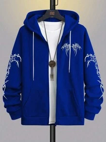 Manfinity EMRG Men Plus Wings Print Zip Up Thermal Lined Drawstring Hoodie - Blue - View 2