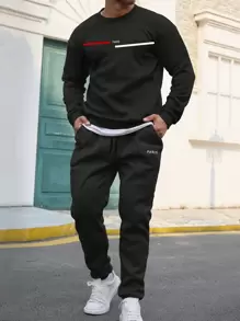 Manfinity Homme Men Plus Letter Graphic Sweatshirt & Sweatpants - Black - View 1