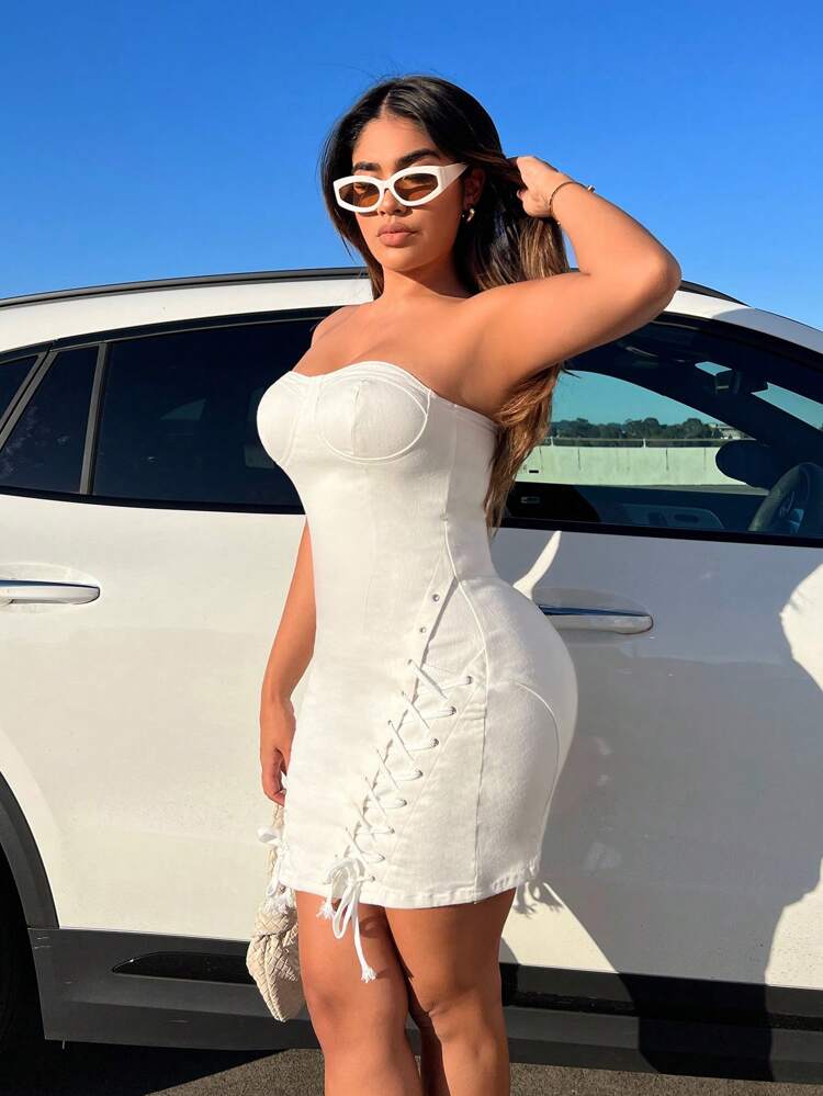 Lace Up Front Bustier Tube Bodycon Denim Dress