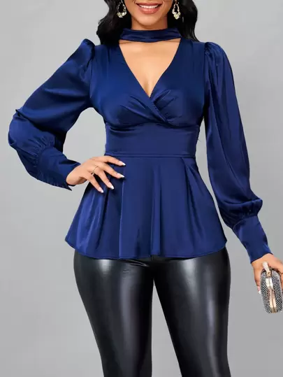 SHEIN Lady 項圈頸燈籠袖荷葉邊襯衫