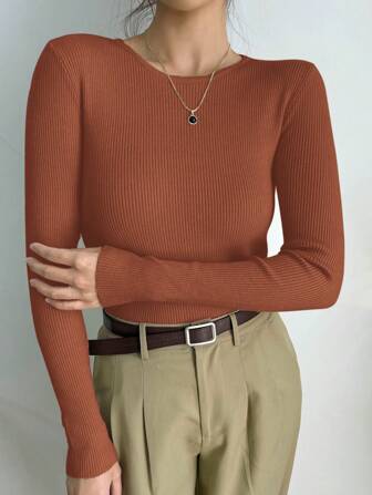 DAZY Solid Color Fitted Business Casual Sweater,Long Sleeve Tops,Fall Women Clothes