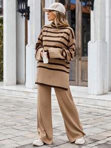 EURMUSE Striped Pattern Drop Shoulder Sweater & Knit Pants - Brown - View 1