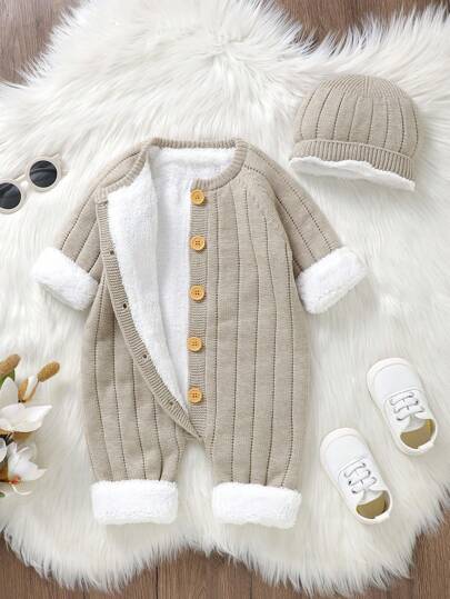 SHEIN Baby Boy Button Front Thermal Lined Knit Jumpsuit