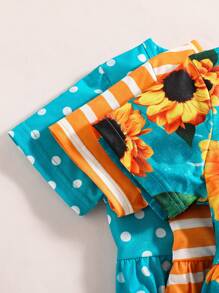 SHEIN Young Girl 3pcs Striped & Sunflower Print Dress,Holiday,Summer,Travel Summer Holiday - Multicolor - View 4