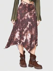 ROMWE Fairycore Tie Dye Asymmetrical Hem Skirt - Coffee Brown - View 3
