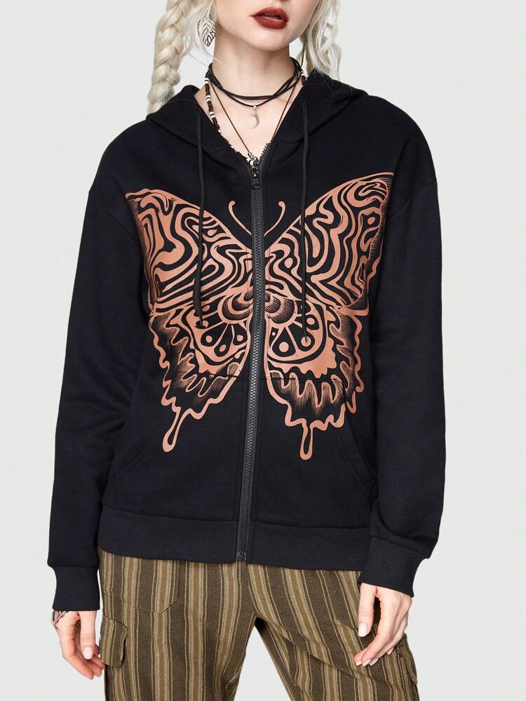 Butterfly Print Zip Up Thermal Lined Drawstring Hoodie