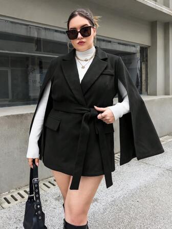 SHEIN Privé Plus Cloak Sleeve Belted Overcoat
